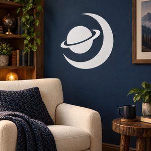 White planet and crescent vinyl decal for walls, swirling logo design
