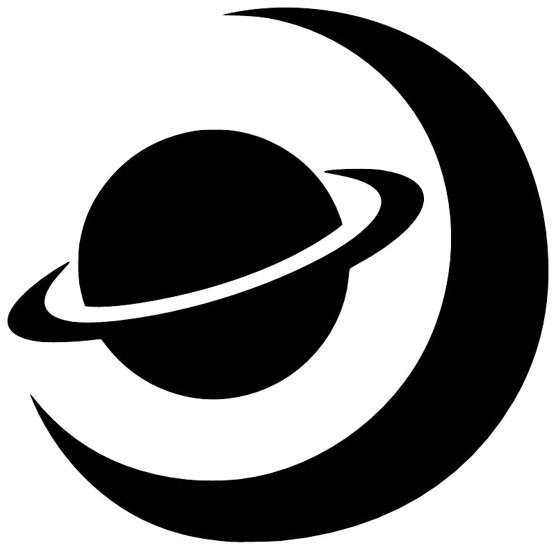 Black and white planet and crescent vinyl decal logo, close-up