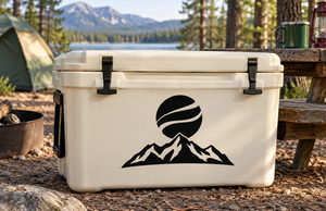 Black planet-and-mountain vinyl decal logo with swoosh ring and ridge silhouette