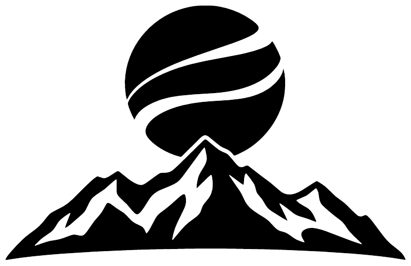 Black planet swirl above mountain ridge vinyl decal graphic
