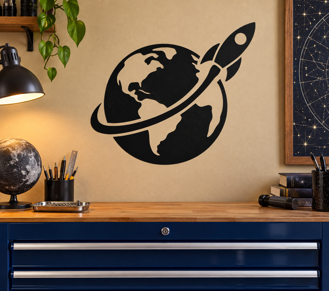 Black planet and rocket vinyl decal with orbit ring, globe silhouette