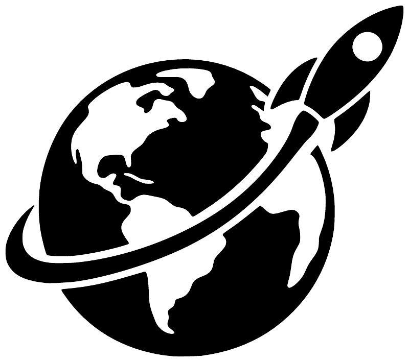 Planet and rocket vinyl decal: black globe with white cutout rocket and orbit ring