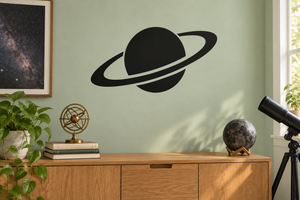 Black planet and orbit arc vinyl wall decal with ringed planet silhouette