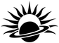 Planet and sunburst vinyl decal with black planet and bold ray outline on white