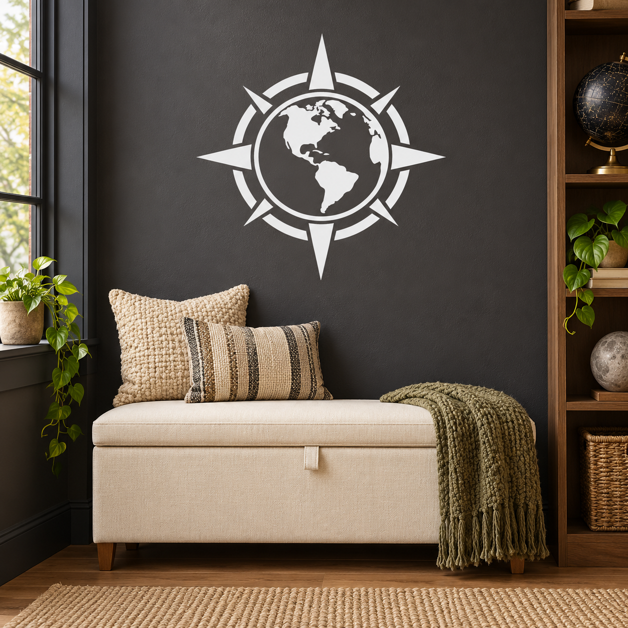 Planet-and-compass vinyl decal with globe in open compass rays