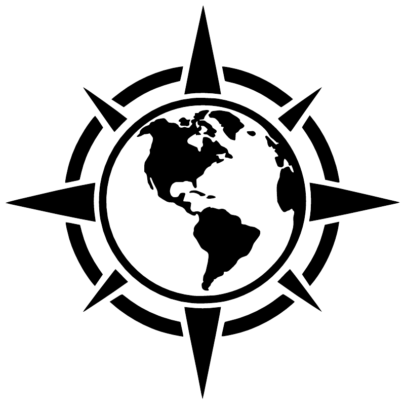 Black planet globe vinyl decal inside an open compass star