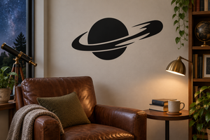 Vinyl planet and comet wall decal, black planet with ring and comet streaks