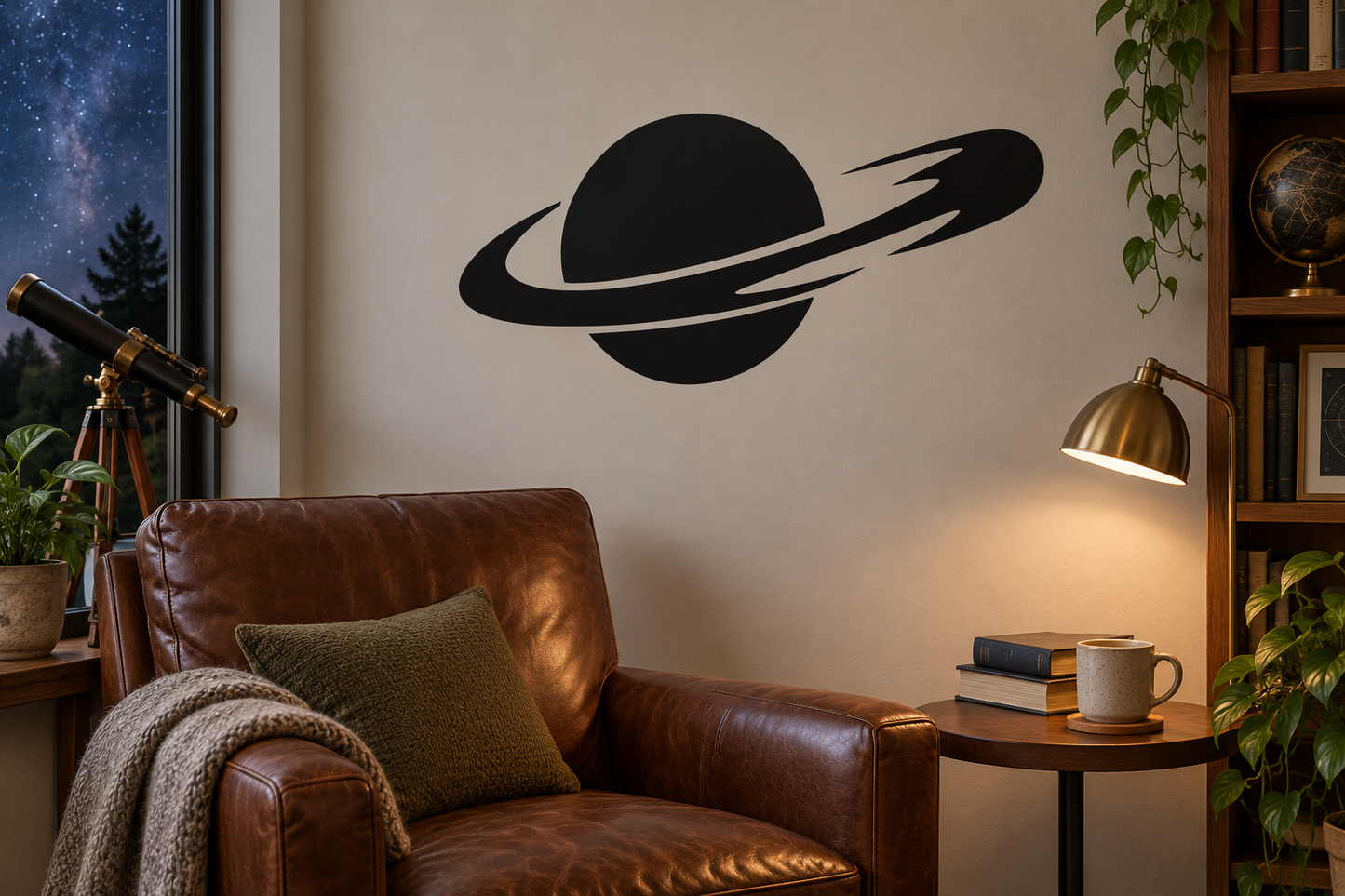 Vinyl planet and comet wall decal, black planet with ring and comet streaks