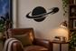 Vinyl planet and comet wall decal, black planet with ring and comet streaks