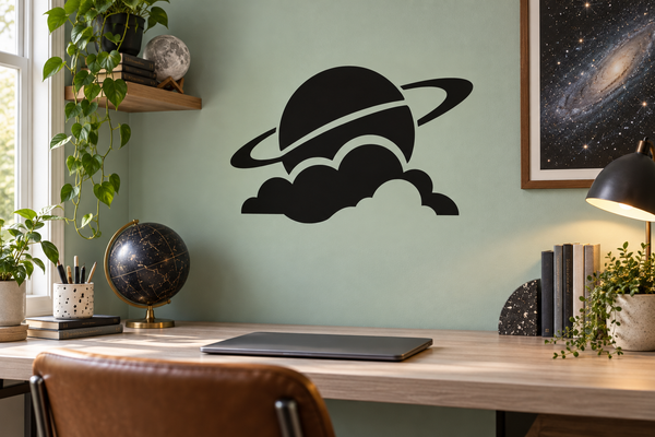 Planet and cloud arch vinyl decal with black planet, ring, and white cloud accents