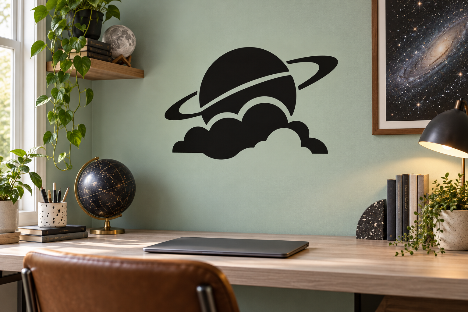 Planet and cloud arch vinyl decal with black planet, ring, and white cloud accents