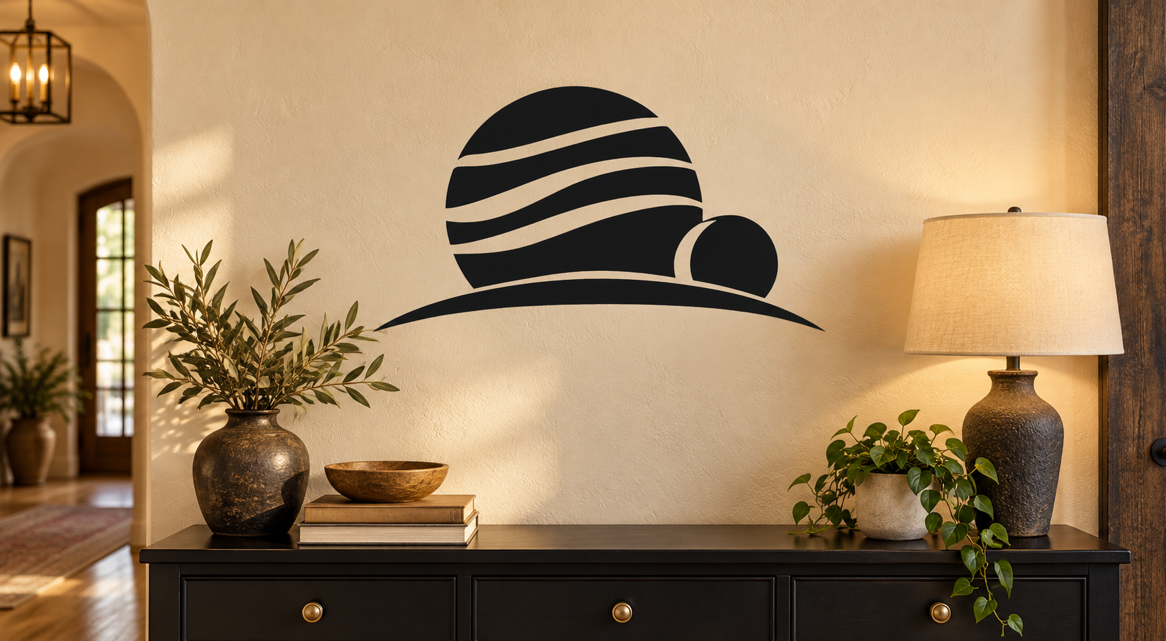 Black planet and moon horizon vinyl wall decal with striped planet and curved horizon line