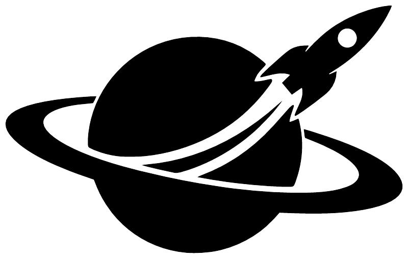 Black planet with ring and rocket silhouette vinyl decal close-up
