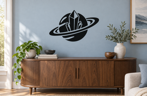 Planet and crystal vinyl decal, black planet with rings and crystal centerpiece.