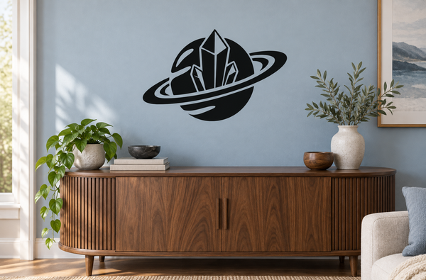 Planet and crystal vinyl decal, black planet with rings and crystal centerpiece.