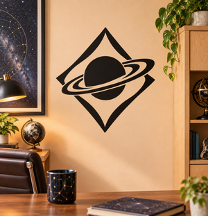 Black and cream planet-and-orbit vinyl decal in a diamond shape