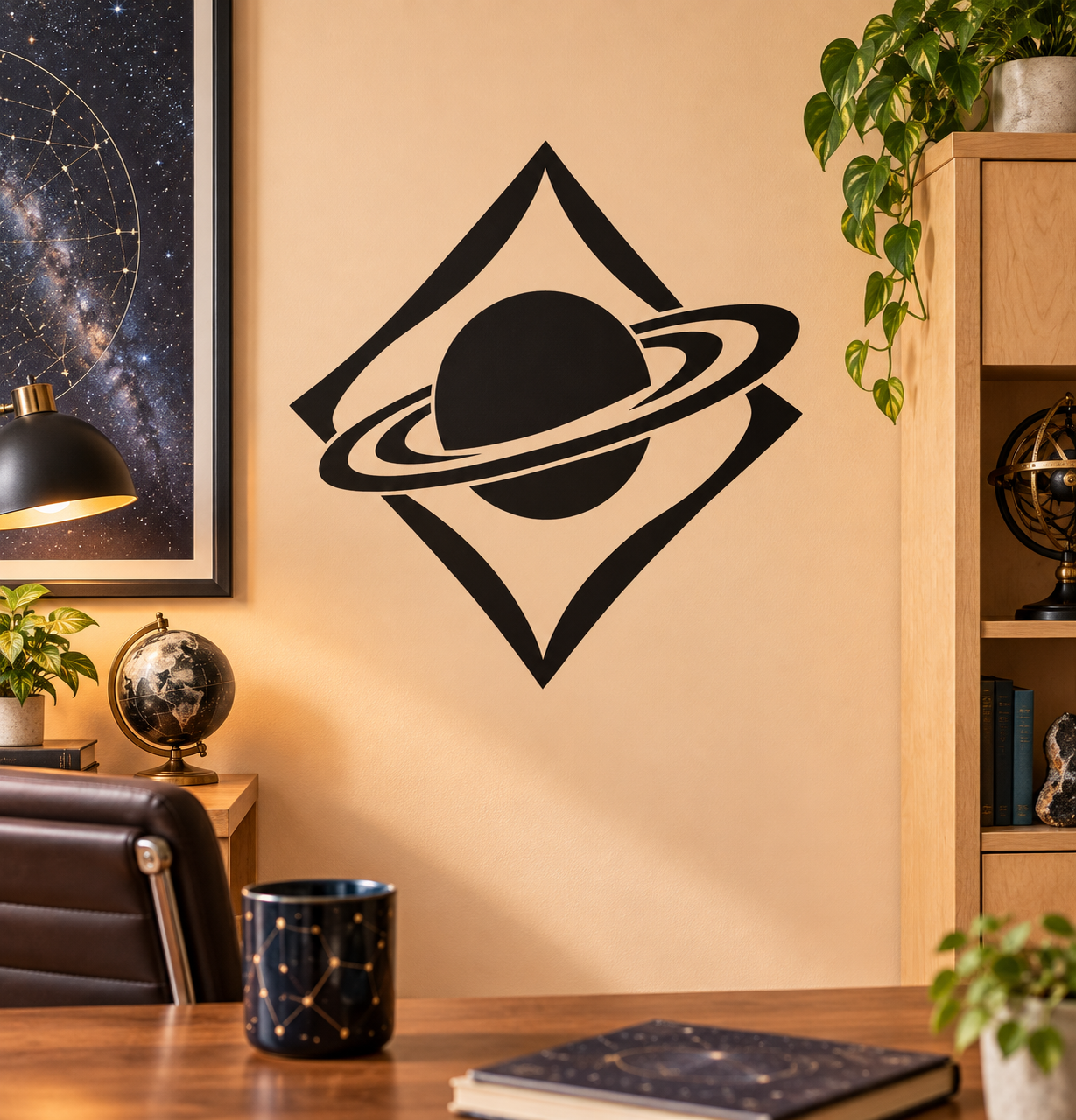 Black and cream planet-and-orbit vinyl decal in a diamond shape