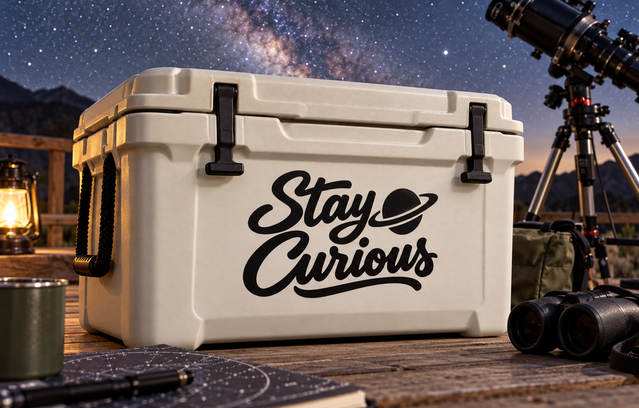 Stay Curious vinyl decal with cursive text and small planet graphic in black