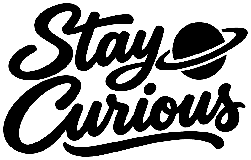 Black “Stay Curious” vinyl decal lettering with planet swoosh