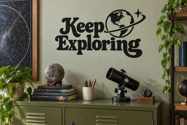 Keep Exploring vinyl wall decal with globe and orbit ring design