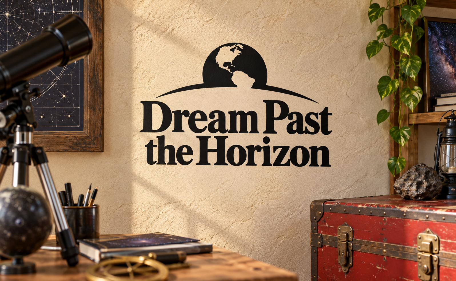 Dream Past the Horizon vinyl decal with planet silhouette and arched horizon text