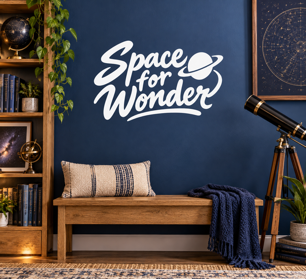 Space for Wonder vinyl wall decal with script lettering and planet graphic