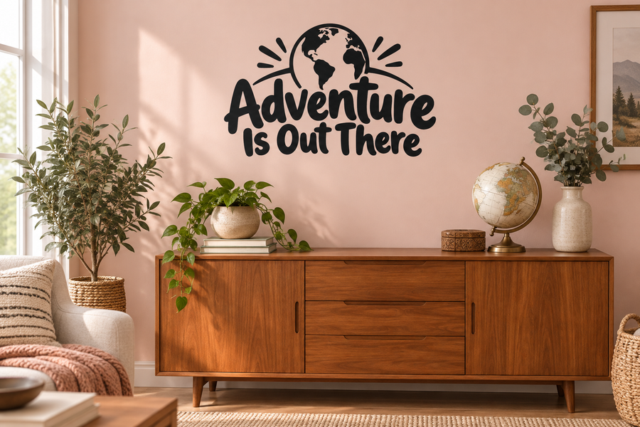 Black vinyl wall decal with globe icon and 'Adventure Is Out There' quote