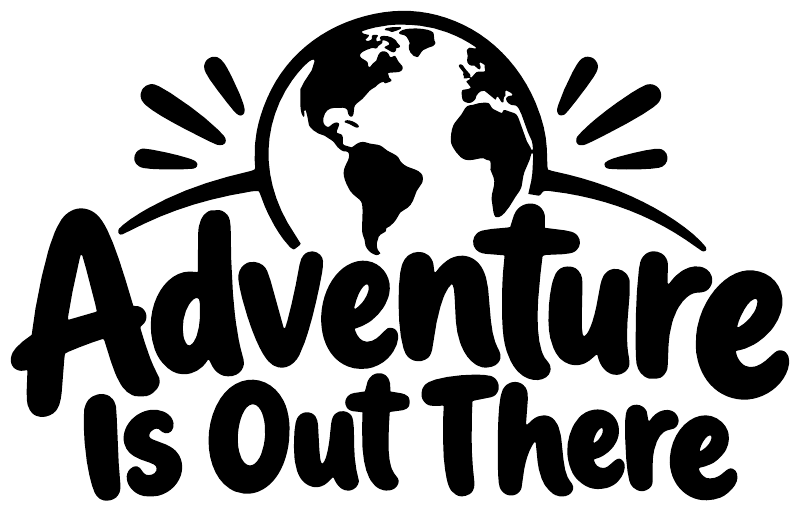 Black and white vinyl lettering decal with globe and 'Adventure Is Out There'