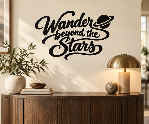 Wander beyond the Stars vinyl wall decal with planet and ring, black script