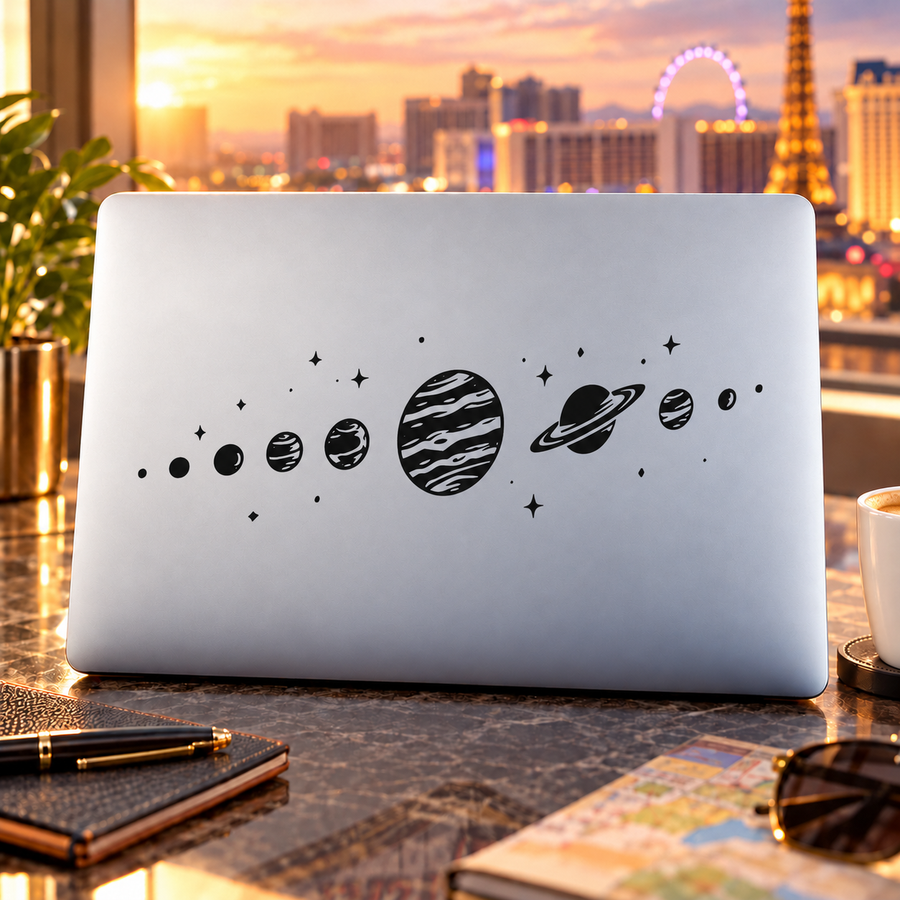 PlanetLineupCX001 - Horizontal Planet Parade and Starbursts; illustrative application of the exact PDF artwork