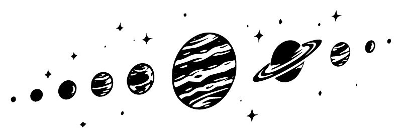 Vinyl decal close-up: black planets, rings, and star shapes on light background
