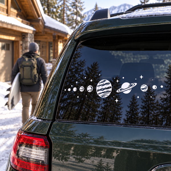 Planet and star vinyl decal for car window, orbit trail and twinkling stars