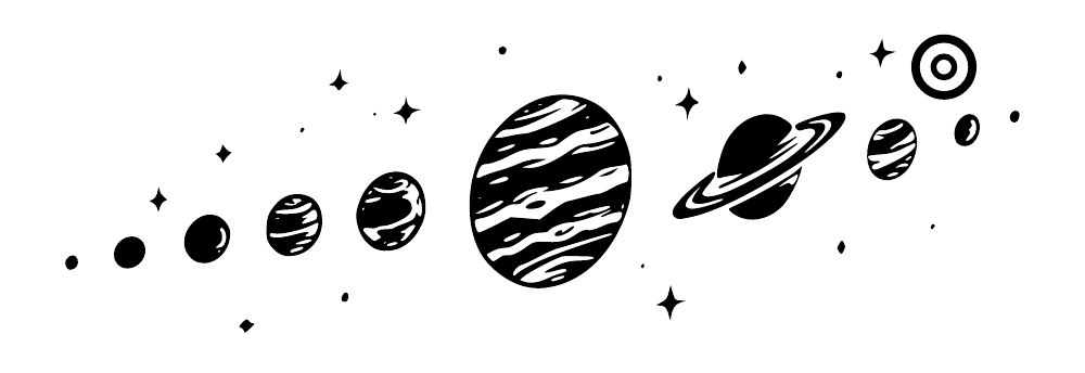 Close-up of black-and-white space planets, rings, and starbursts decal