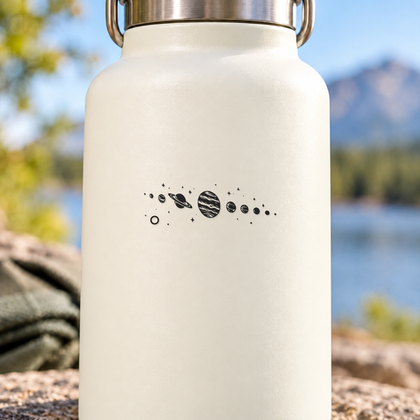Cream glass bottle with black space planets and orbit dot halo design