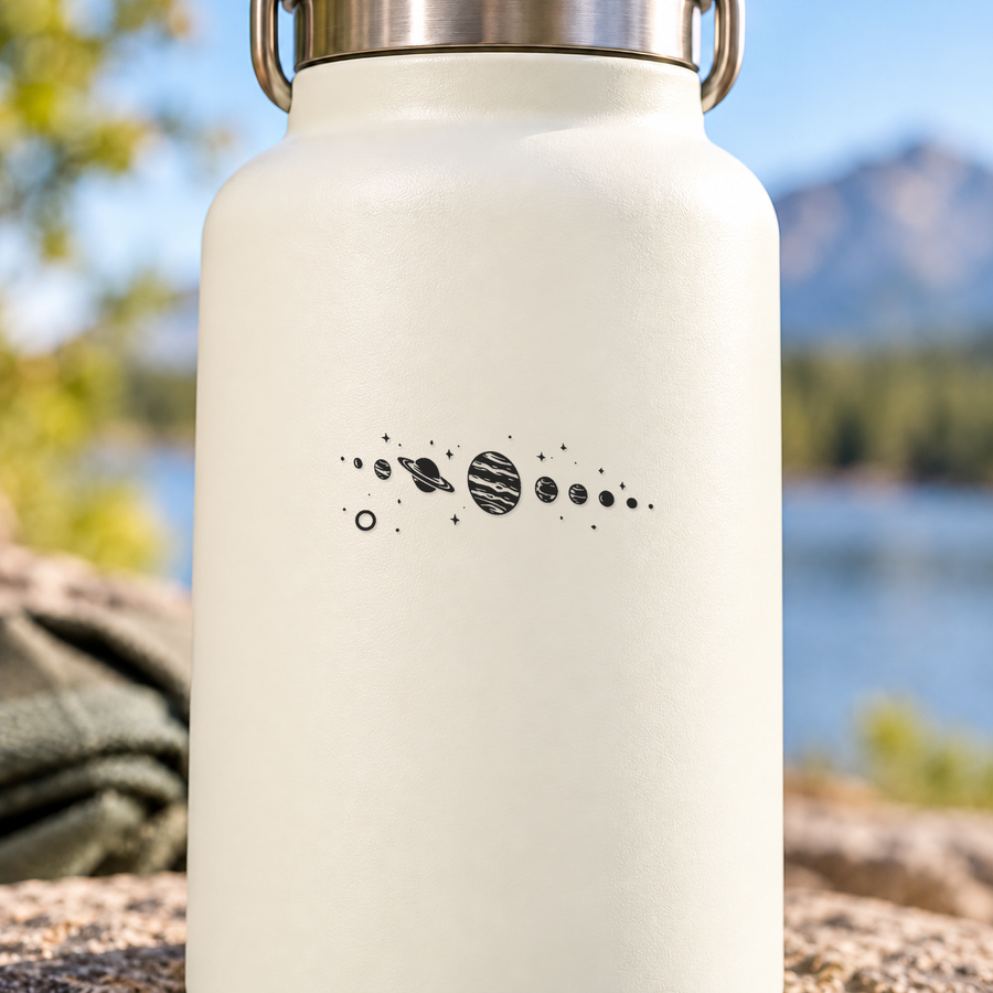Cream glass bottle with black space planets and orbit dot halo design