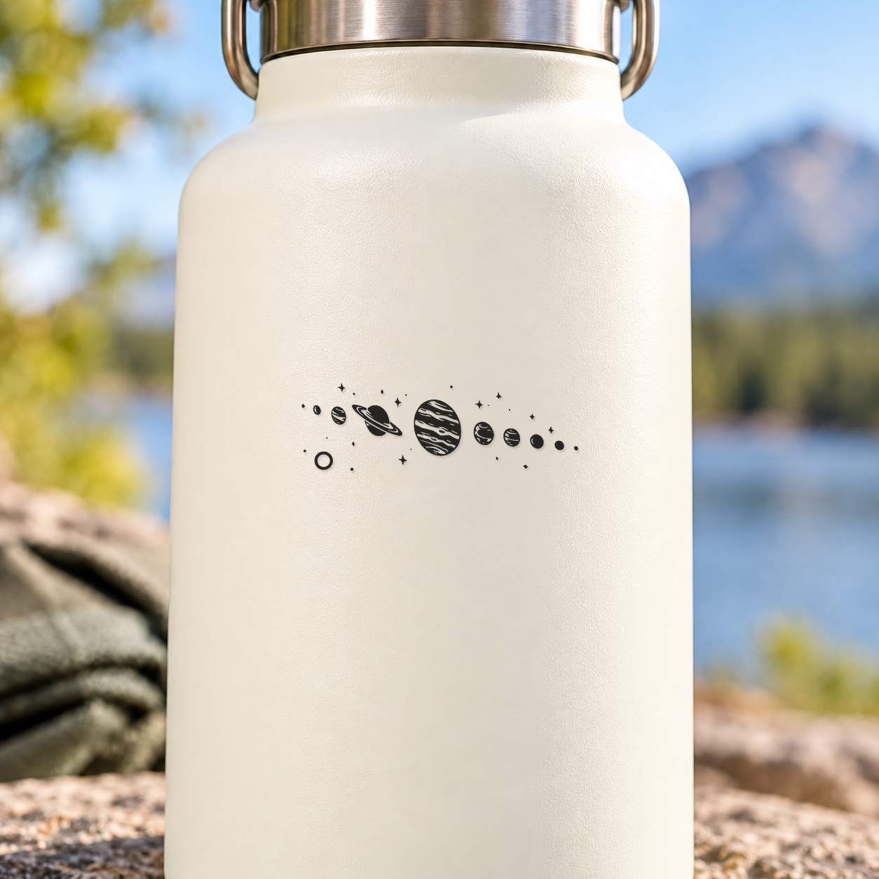 Cream glass bottle with black space planets and orbit dot halo design