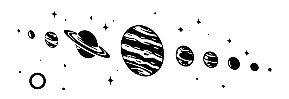 Black planet and starburst decal pattern with ringed planets and orbit dots on light background