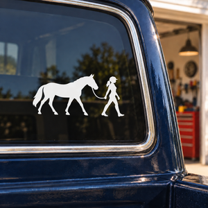 Horse and rider vinyl decal, white silhouette for windows or doors