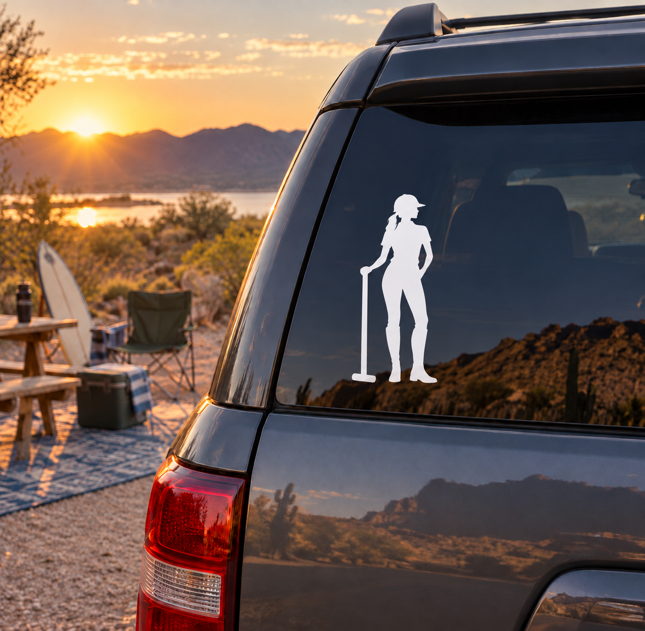 Vinyl decal of a polo player holding a mallet, mounted on car rear window