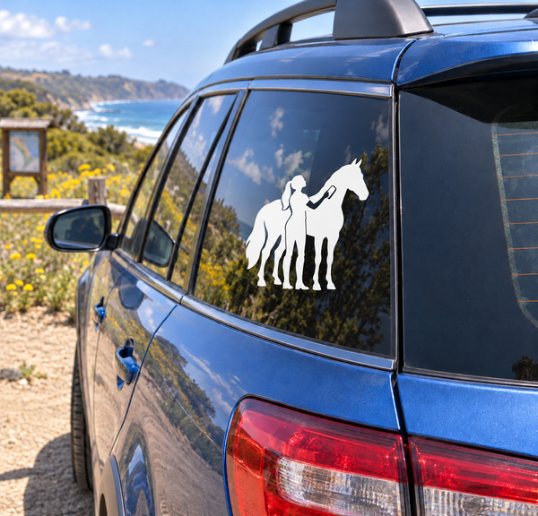 Vinyl car window decal: white polo groom silhouette with horse and polo group