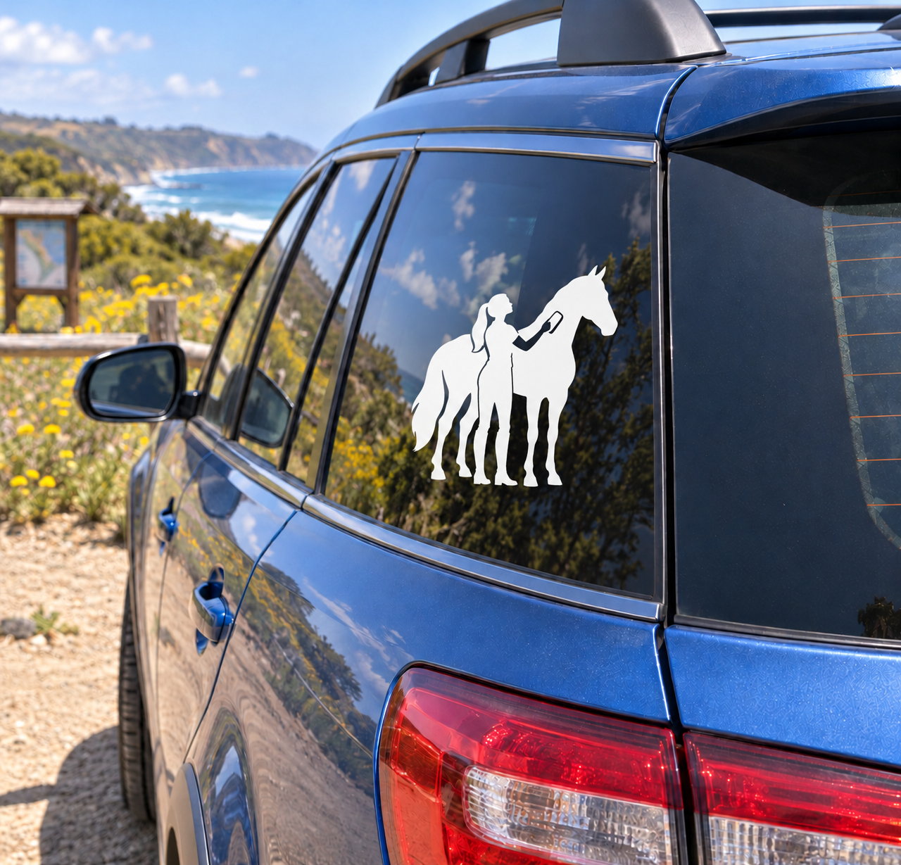 Vinyl car window decal: white polo groom silhouette with horse and polo group