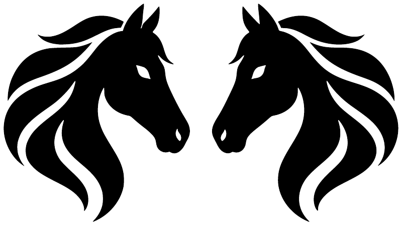Pair of horse-head vinyl decals, black with white manes, facing each other