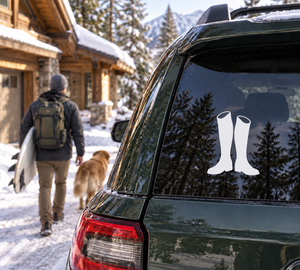 White vinyl decal of a boot pair on a car window
