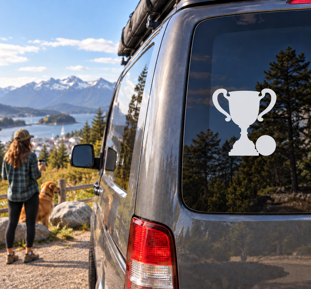 Trophy vinyl decal with two handles on car rear window