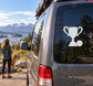 Trophy vinyl decal with two handles on car rear window