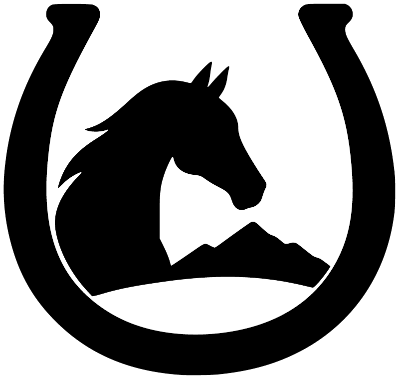 Horse head emblem vinyl decal in black within a U-shaped horseshoe