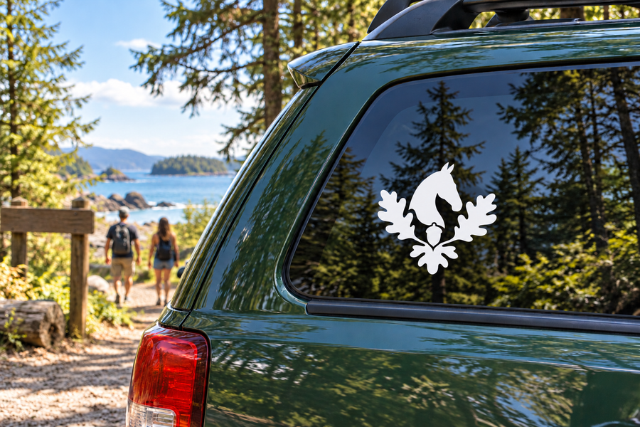 Oak stable mark vinyl decal with white emblem on car window