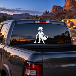 White cartoon fox character vinyl decal for car window, holding a staff
