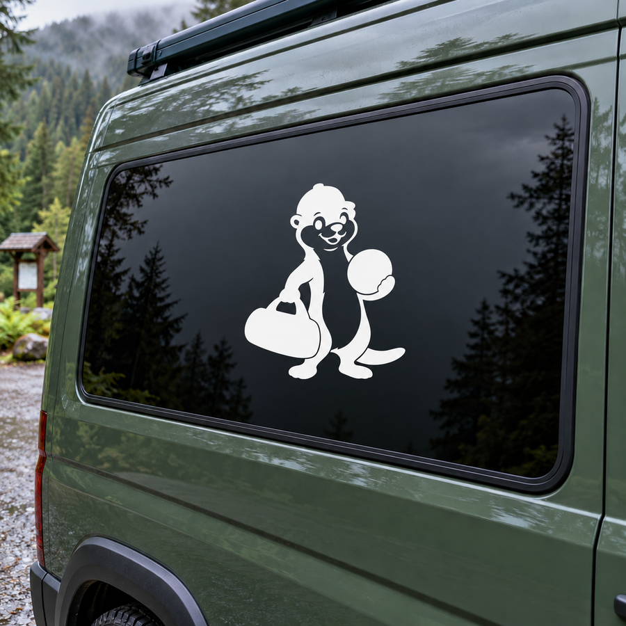 Otter vinyl decal featuring cartoon otter sitting with bag