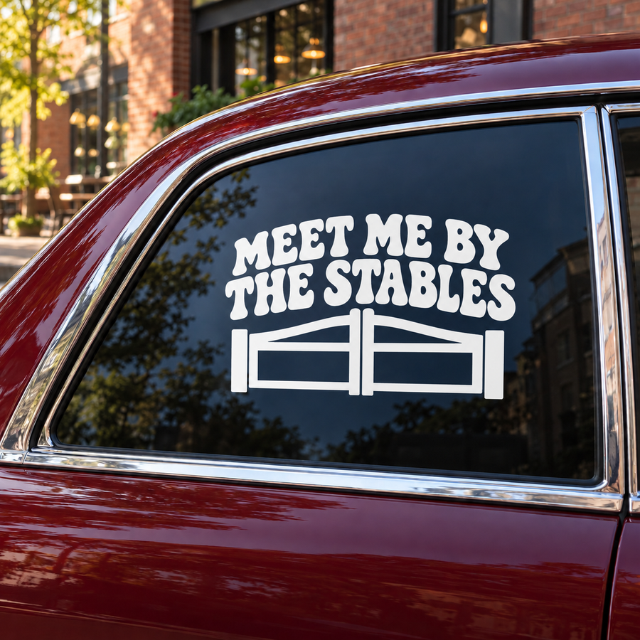 Vinyl decal for car window: 'MEET ME BY THE STABLES' with barn gate icon